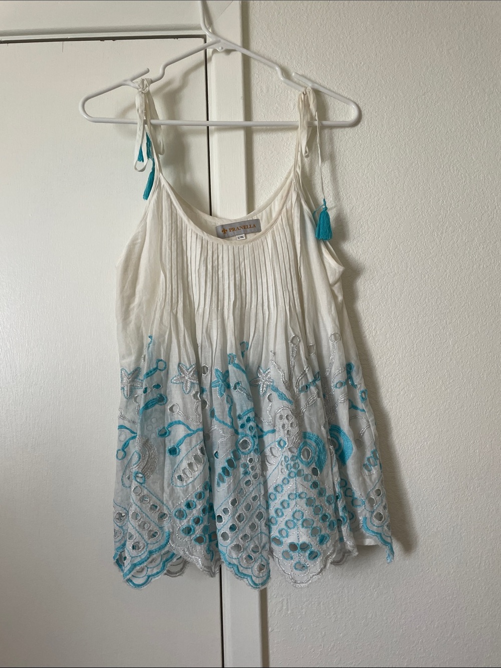 White & Turquoise Embroidered Tie-Shoulder Camisole